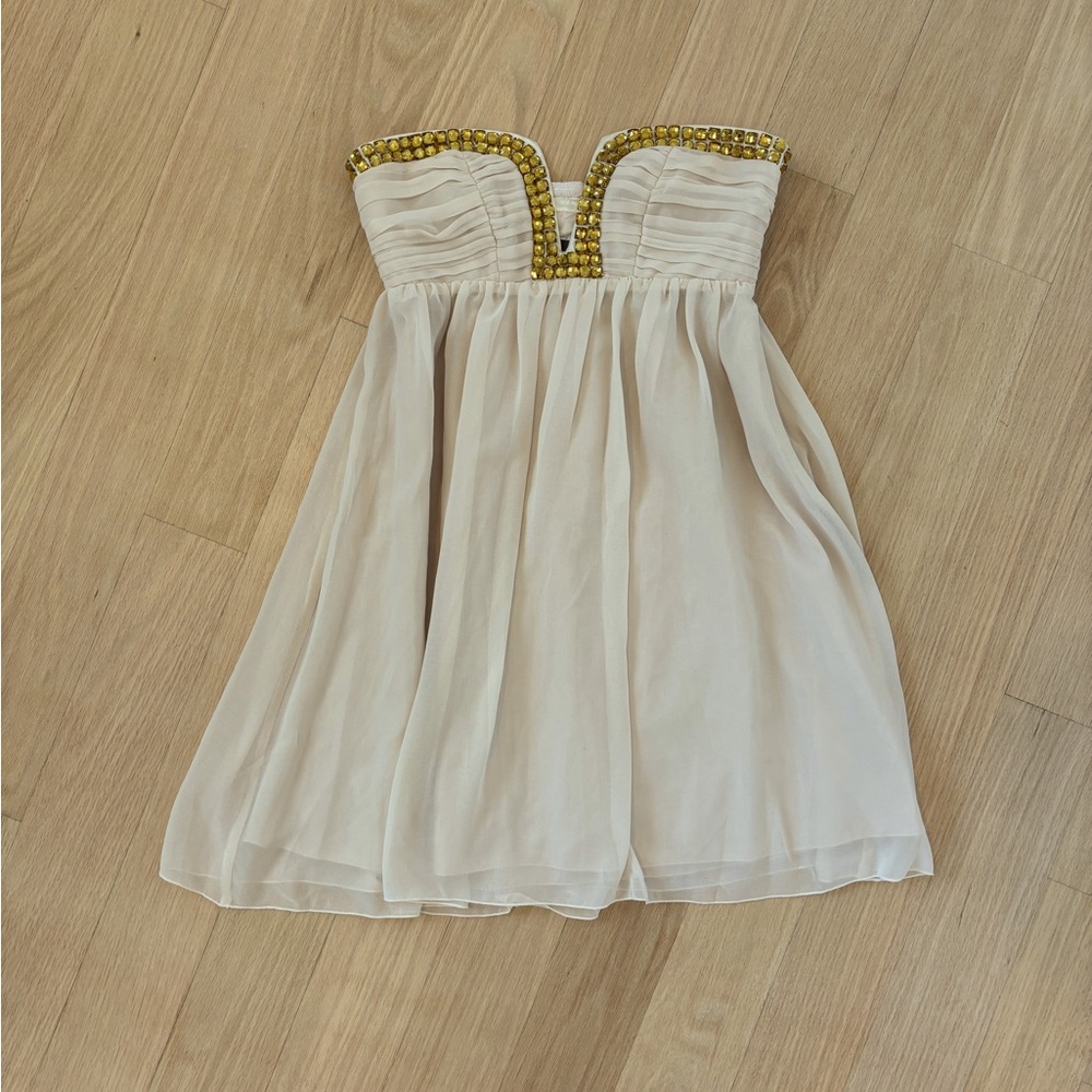 Lipsy Dress Women size 8 Strapless Mini Cream with Gold Jewels